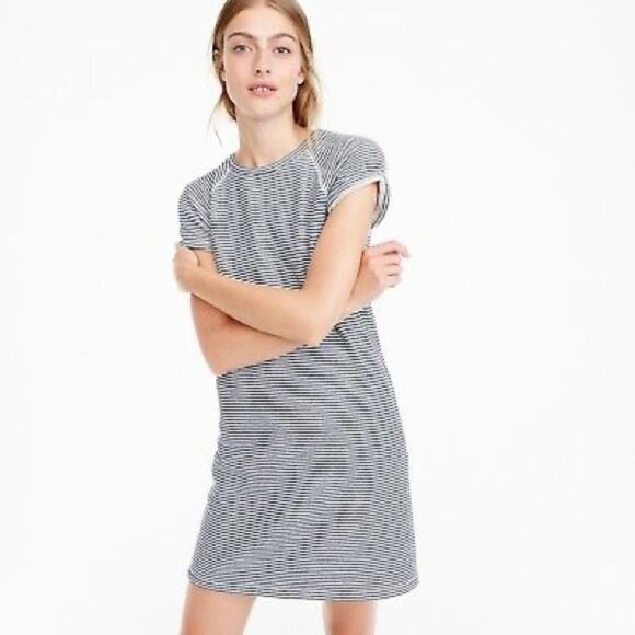 J. Crew Striped Short Sleeve Cotton Blend Shift Dress Cozy Beach Navy Size S - Picture 1 of 6